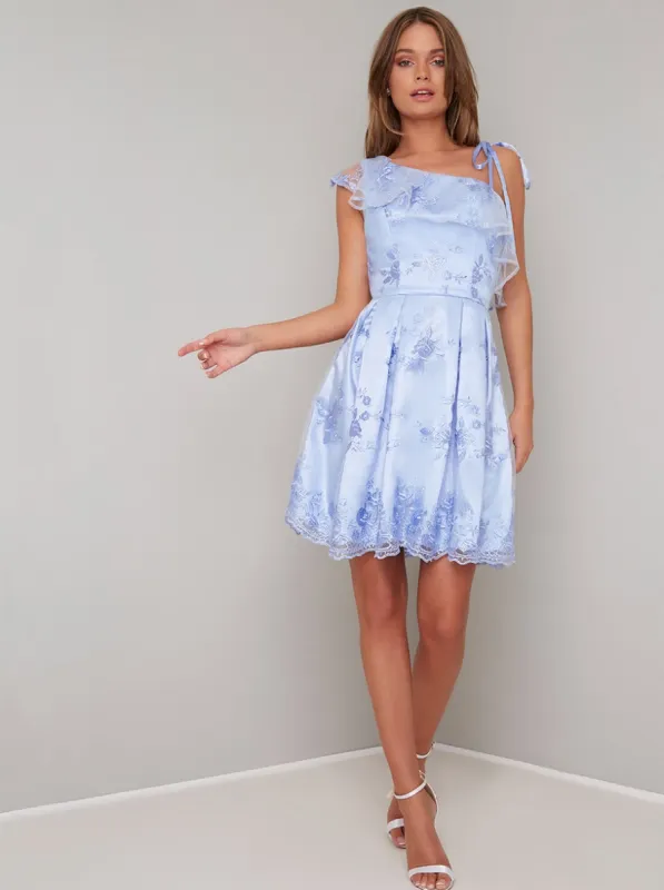 One Shoulder Lace Overlay Dress in Blue sold by Chi Chi London