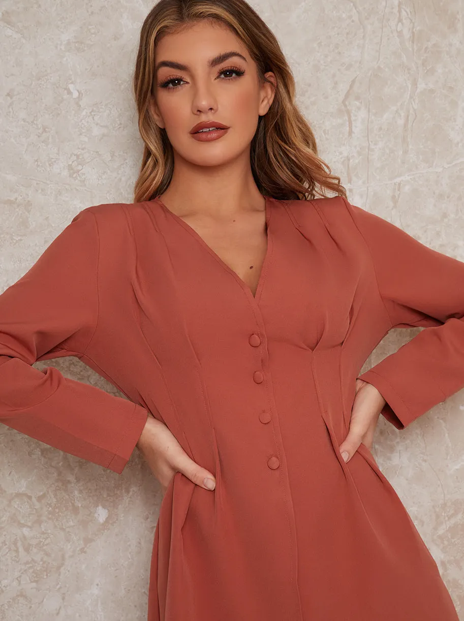 Long Sleeved Button Through Pleat Shirt In Orange sold by Chi Chi London product image thumbnail 4