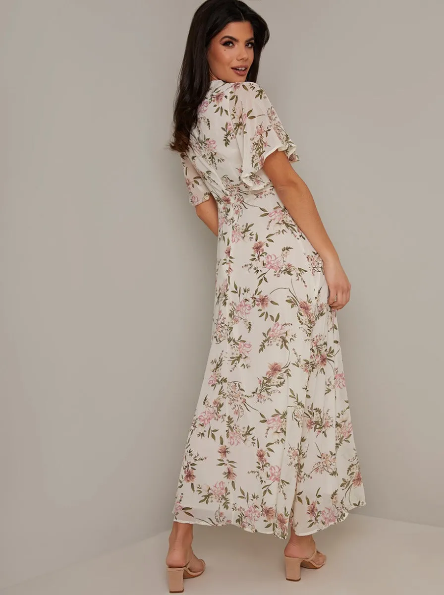 V Neck Short Sleeved Print Midi Dress in White sold by Chi Chi London product image thumbnail 4