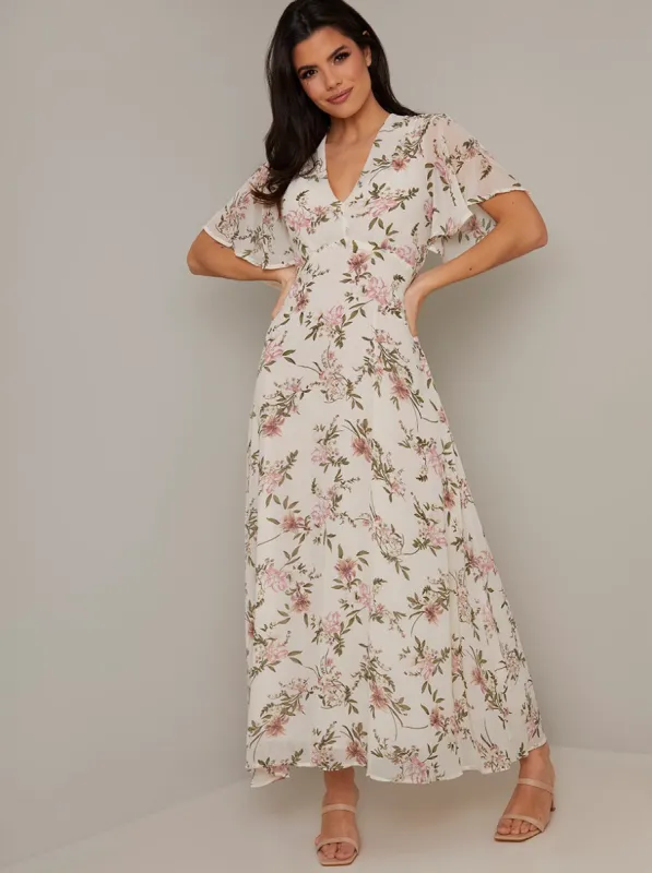 V Neck Short Sleeved Print Midi Dress in White sold by Chi Chi London