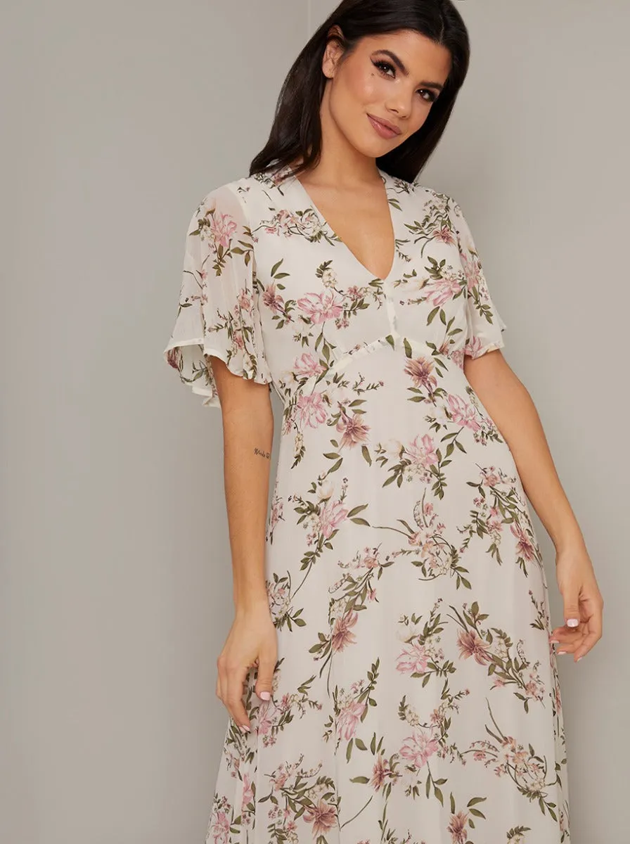 V Neck Short Sleeved Print Midi Dress in White sold by Chi Chi London product image thumbnail 2