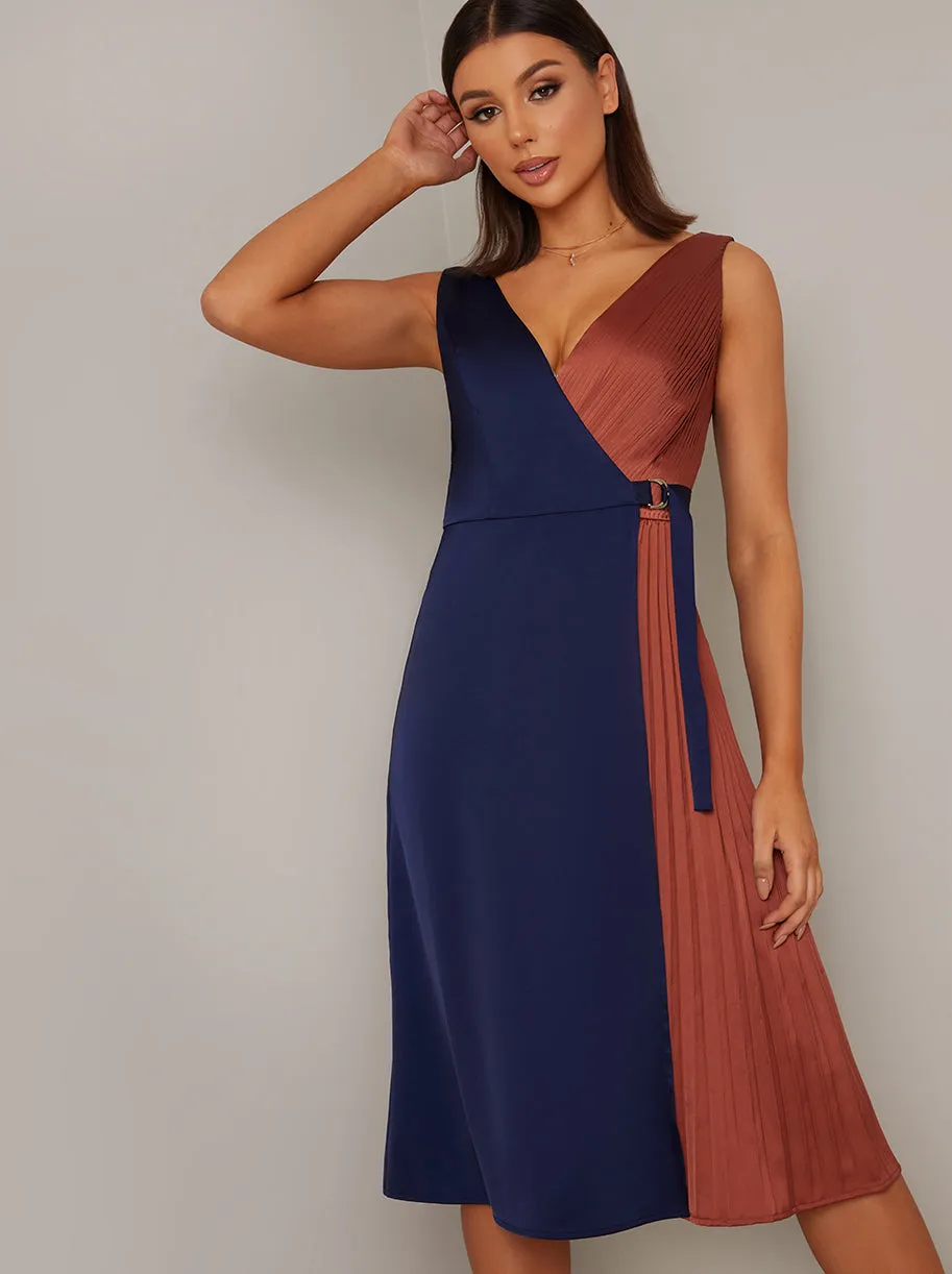 Colour Block Wrap Design Pleat Midi Dress in Multi sold by Chi Chi London