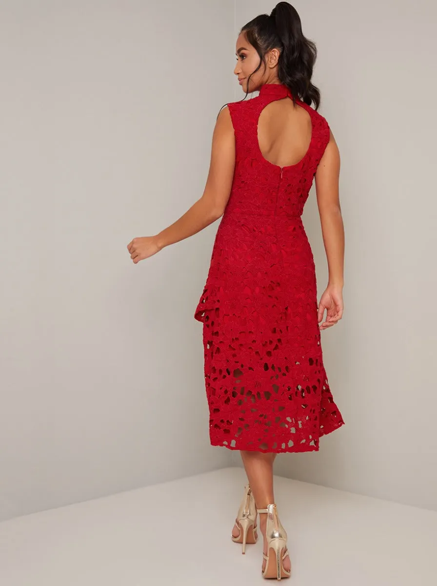 Petite High Neck Sleeveless Lace Midi Dress in Red sold by Chi Chi London product image thumbnail 4