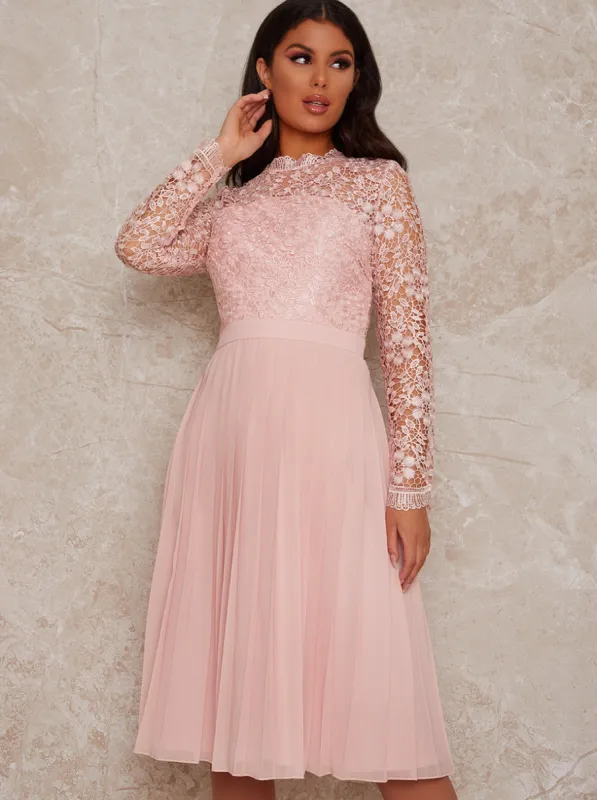 Long Sleeve Crochet Midi Dress in Pink sold by Chi Chi London