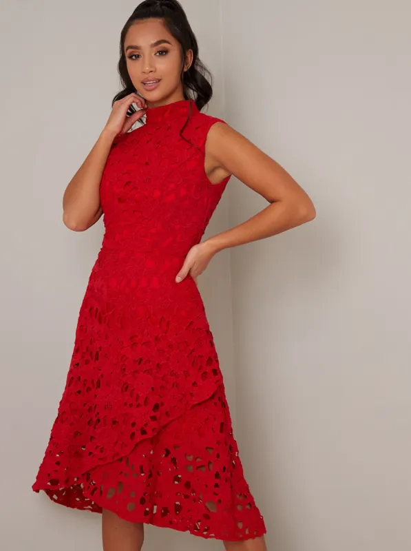 Petite High Neck Sleeveless Lace Midi Dress in Red made by Chi Chi London