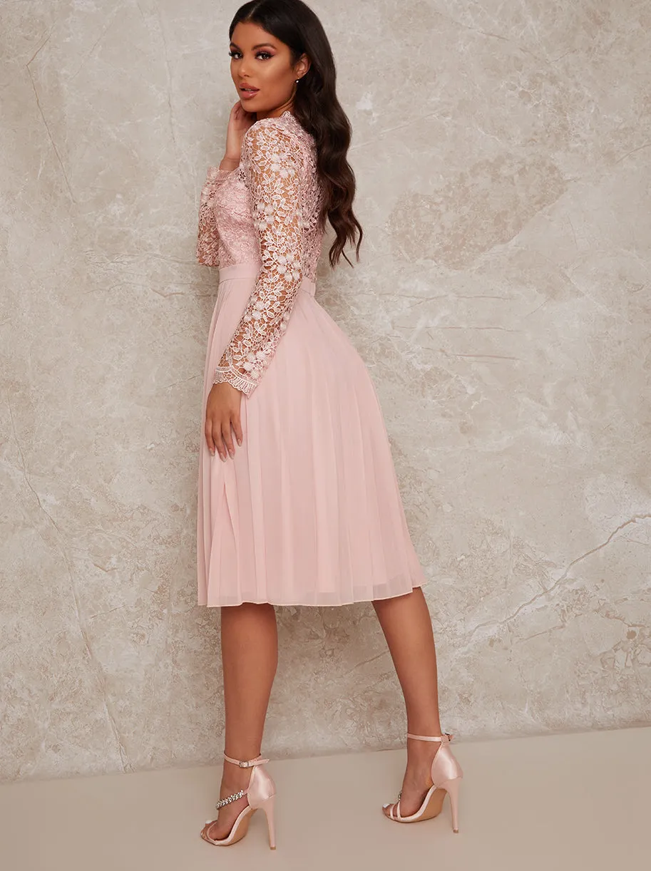 Long Sleeve Crochet Midi Dress in Pink sold by Chi Chi London product image thumbnail 4