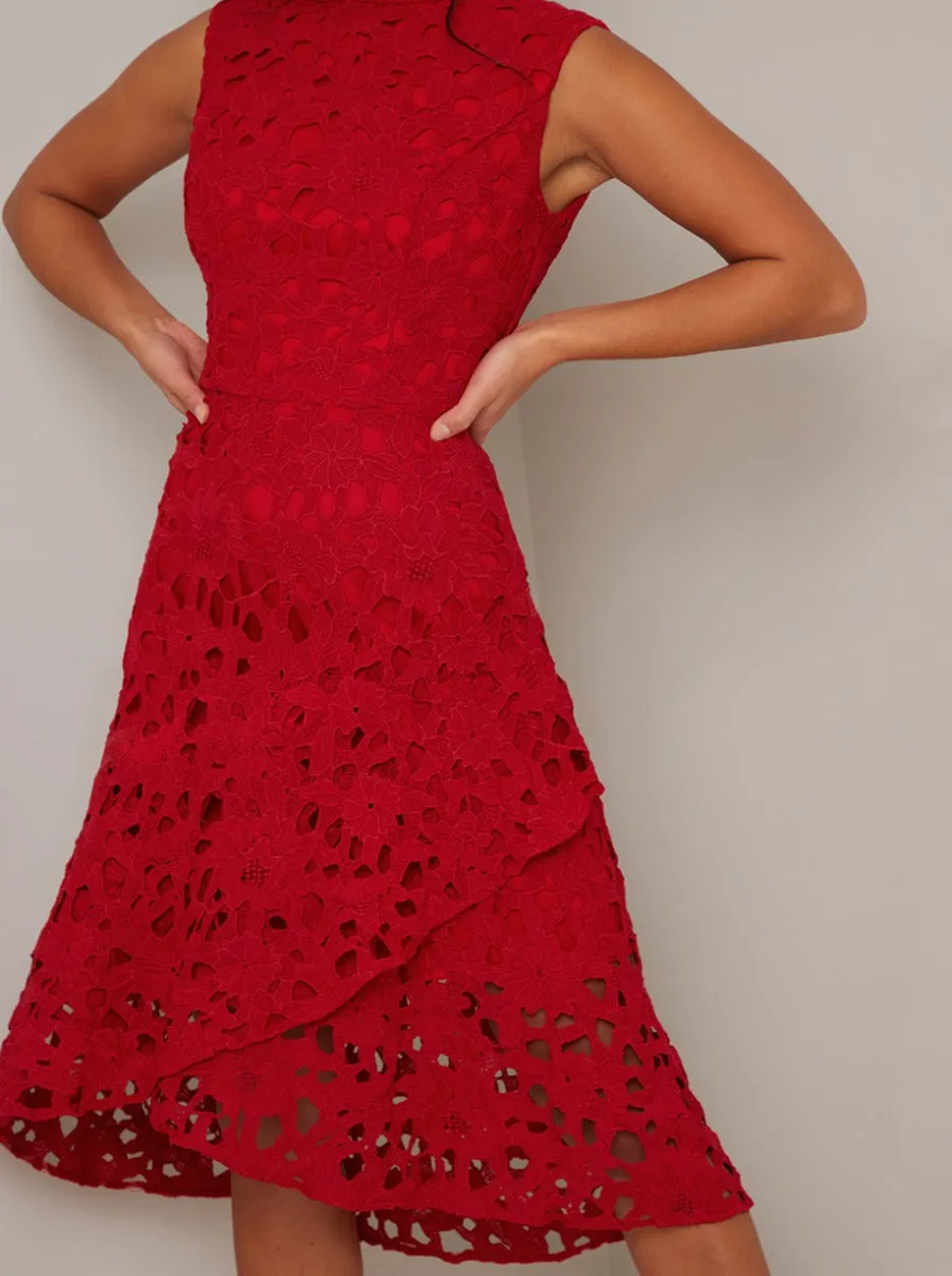 Petite High Neck Sleeveless Lace Midi Dress in Red sold by Chi Chi London product image thumbnail 3