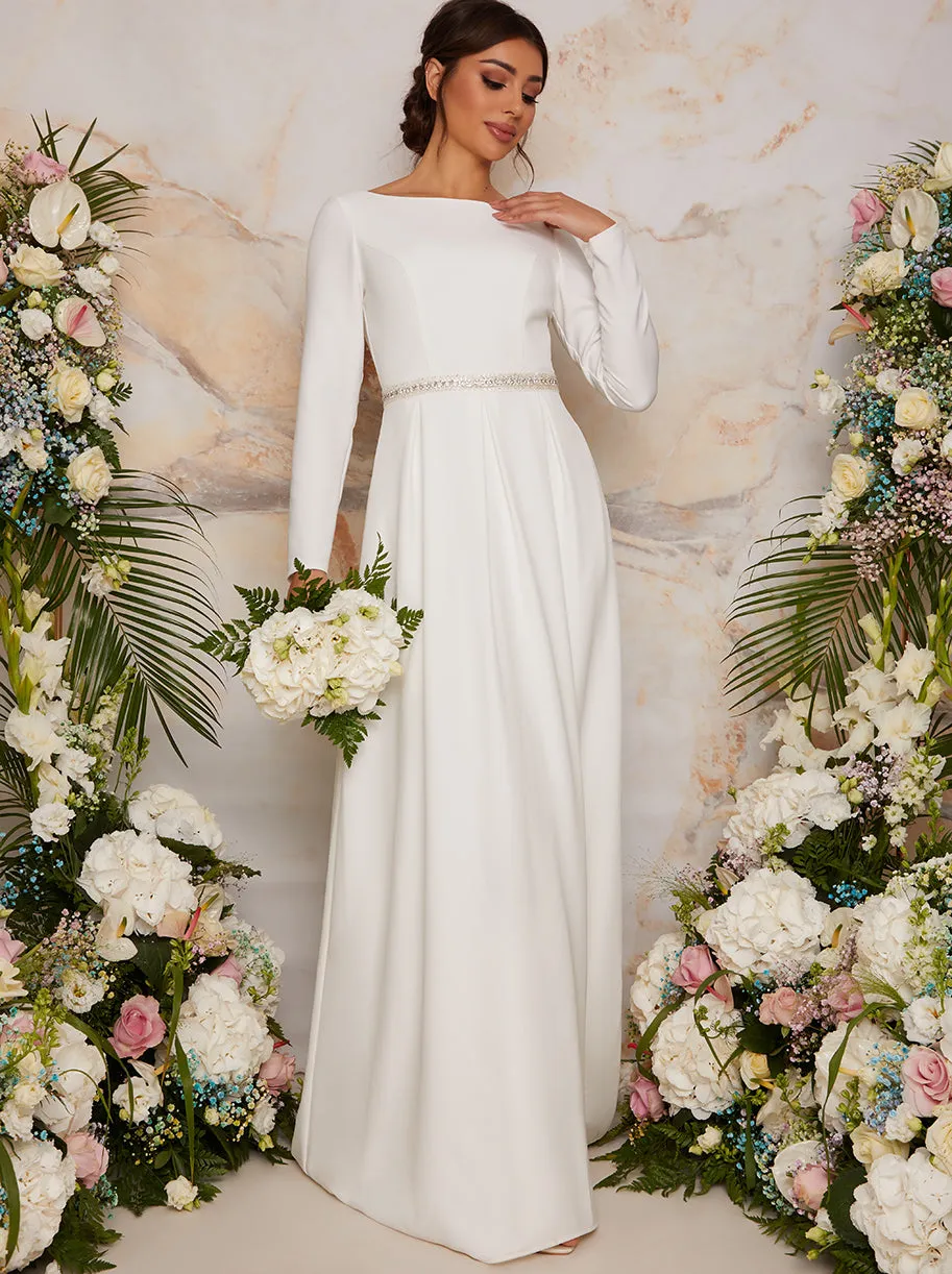 Long Sleeve Wedding Dress with Embellishment in White sold by Chi Chi London