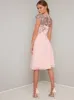 Lace Detail Cap Sleeved Midi Dress in Pink sold by Chi Chi London