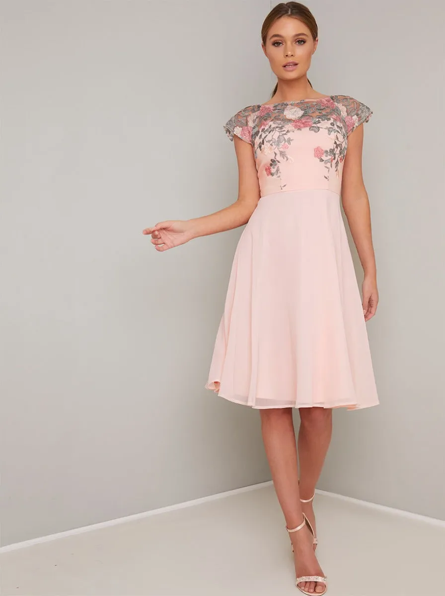 Lace Detail Cap Sleeved Midi Dress in Pink sold by Chi Chi London