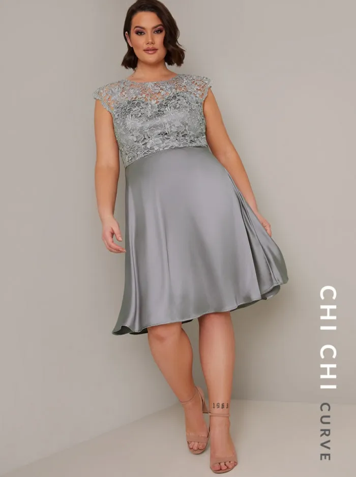 Plus Size Crochet Lace Bodice Satin Midi Dress in Green sold by Chi Chi London product image thumbnail 2