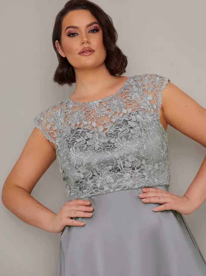 Plus Size Crochet Lace Bodice Satin Midi Dress in Green sold by Chi Chi London product image thumbnail 3