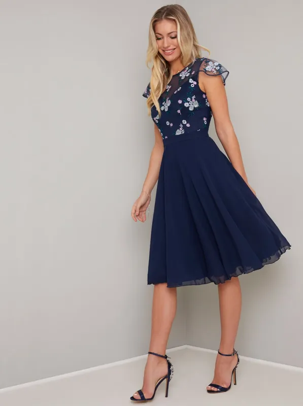 Lace Bodice Midi Dress in Blue sold by Chi Chi London