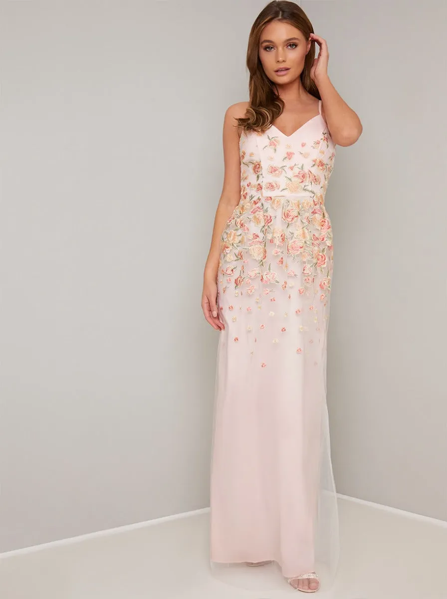 Cami Strap Lace Embroidered Overlay Maxi Dress in Nude sold by Chi Chi London