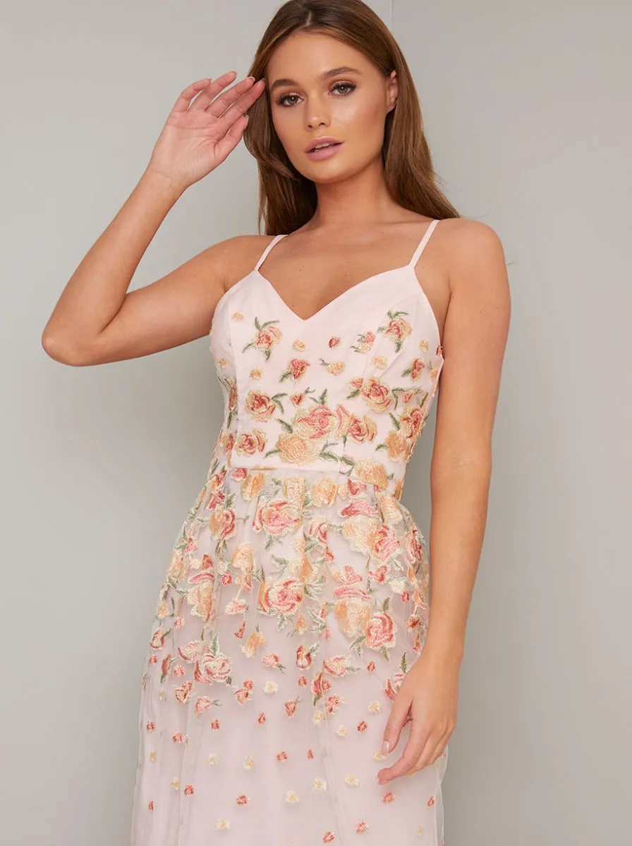 Cami Strap Lace Embroidered Overlay Maxi Dress in Nude sold by Chi Chi London product image thumbnail 2