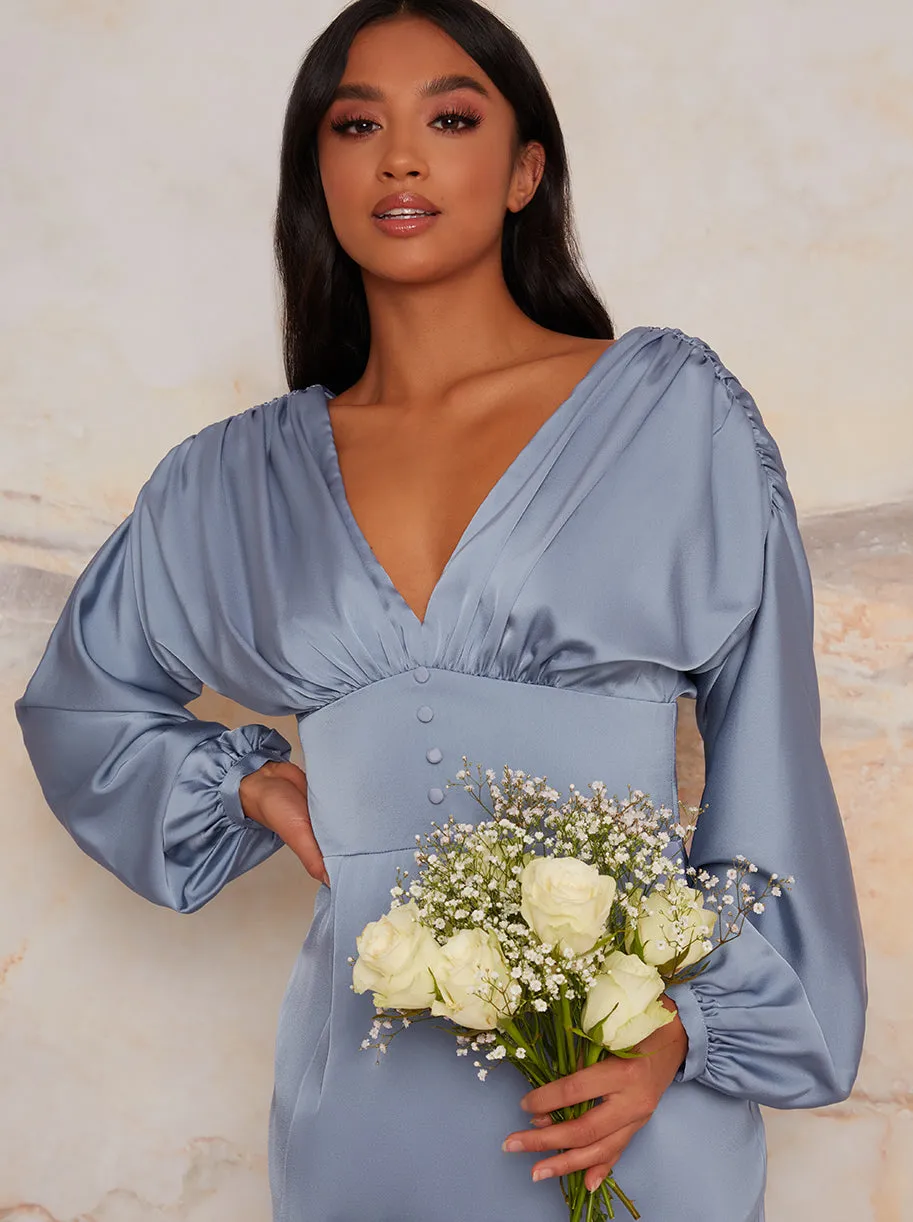 Petite Satin Bridesmaid Midi Dress With Long Sleeve In Blue sold by Chi Chi London product image thumbnail 2