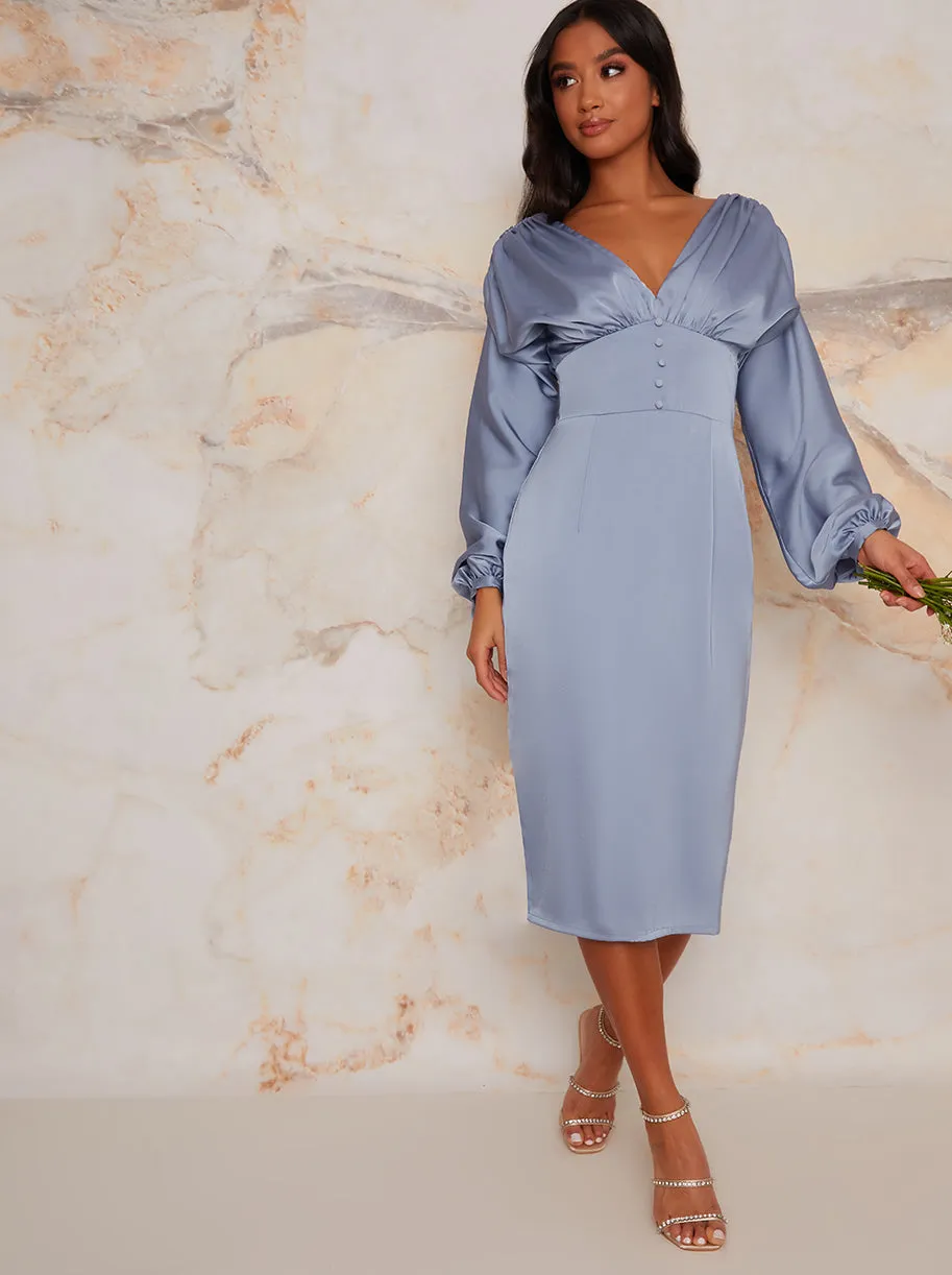 Petite Satin Bridesmaid Midi Dress With Long Sleeve In Blue sold by Chi Chi London