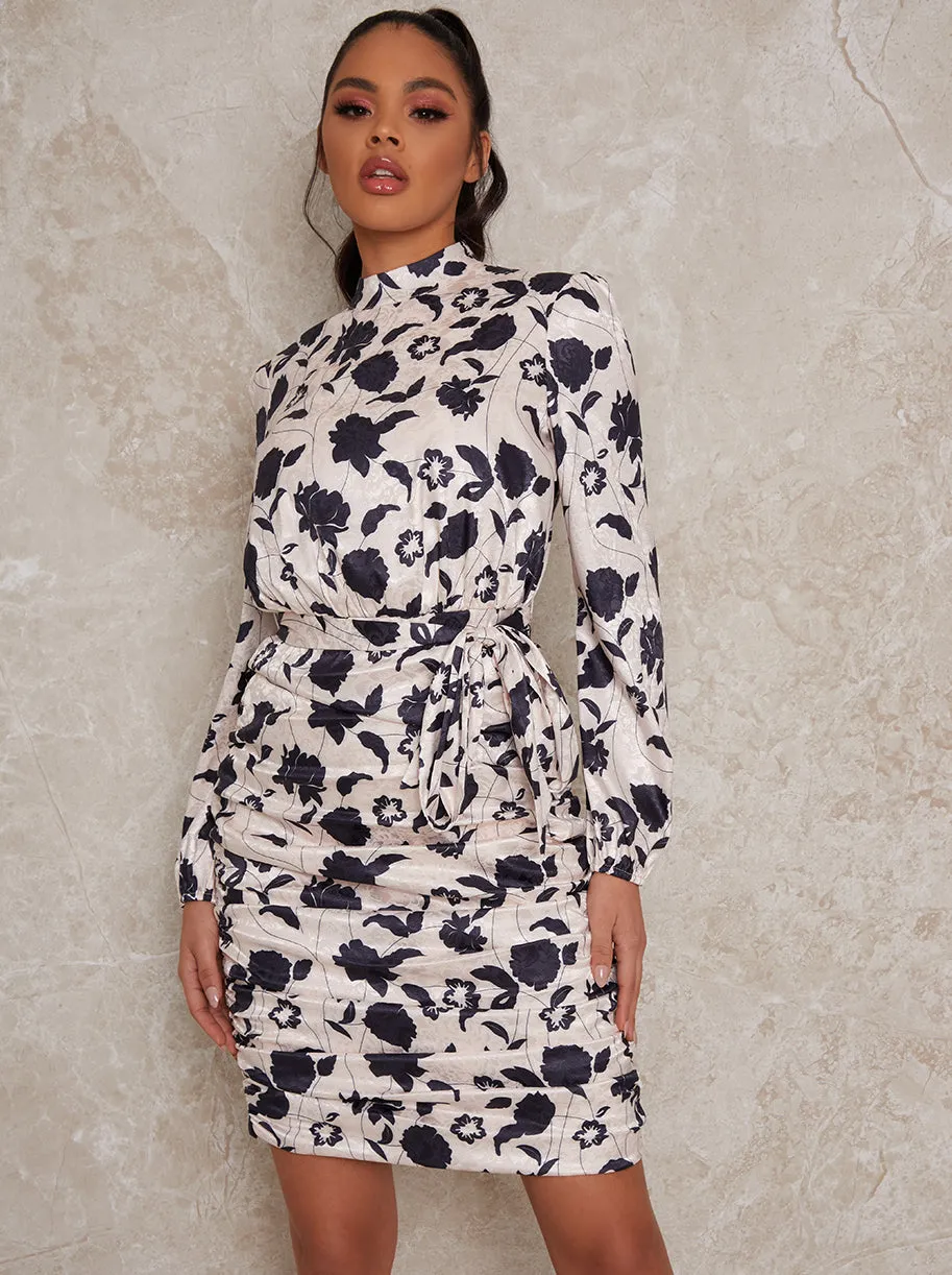 Long Sleeve Ruched Mini Dress in Monochrome sold by Chi Chi London