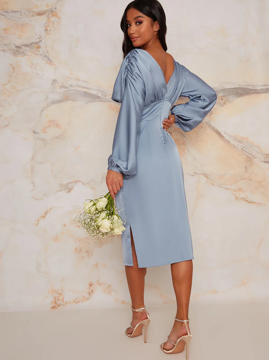 Petite Satin Bridesmaid Midi Dress With Long Sleeve In Blue sold by Chi Chi London product image thumbnail 4