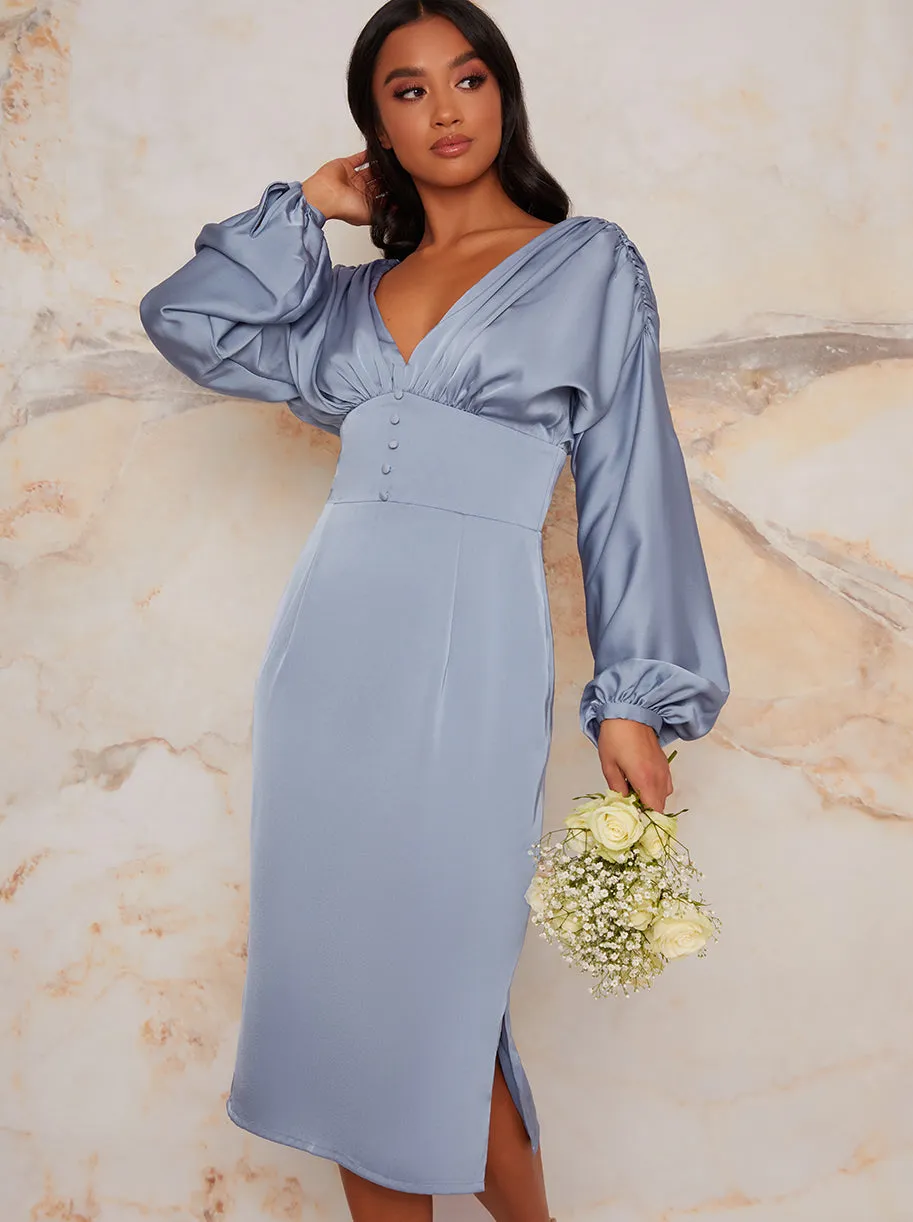Petite Satin Bridesmaid Midi Dress With Long Sleeve In Blue sold by Chi Chi London product image thumbnail 3