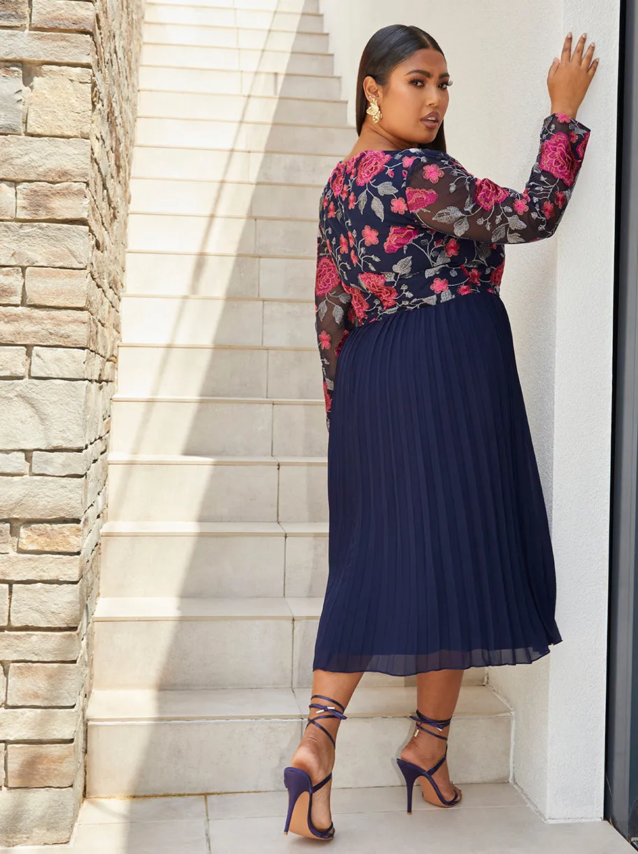 Plus Size Long Sleeve Floral Embroidered Midi Dress in Navy sold by Chi Chi London product image thumbnail 4