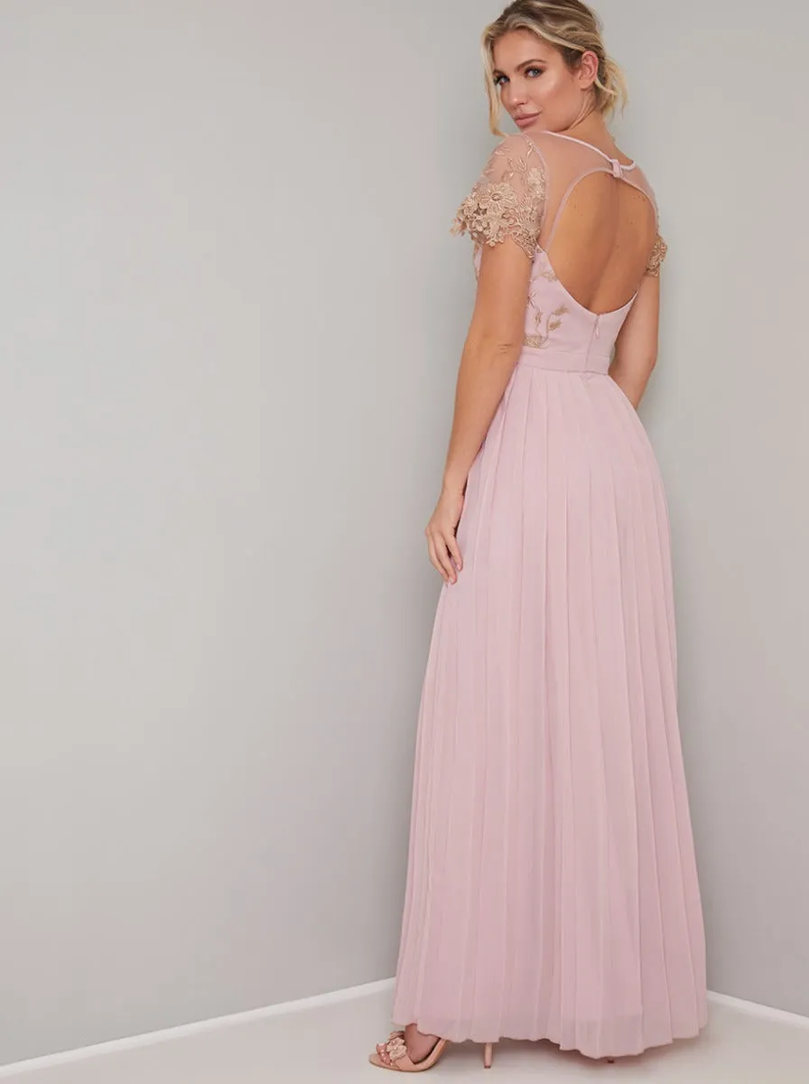 Lace Embroidered Short Sleeved Pleat Maxi Dress in Pink sold by Chi Chi London product image thumbnail 3