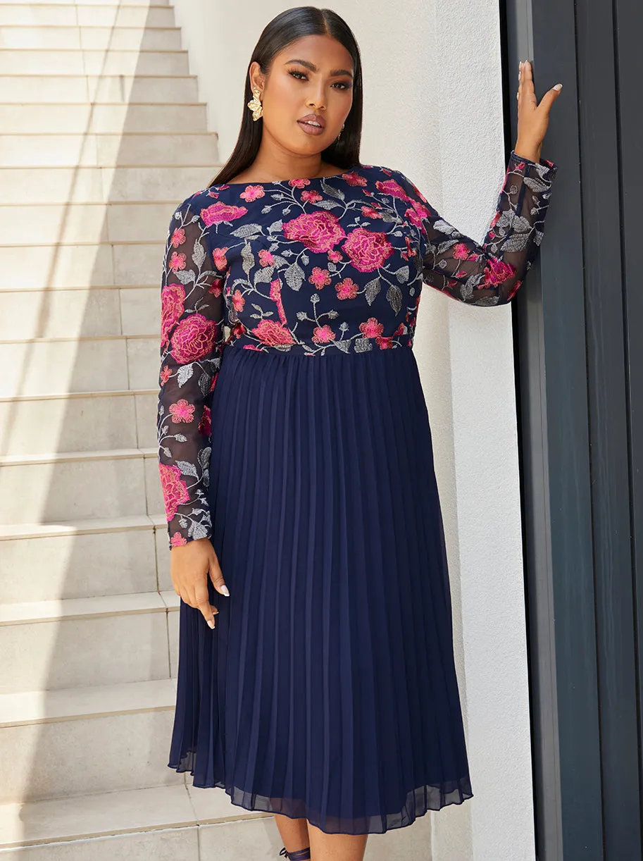 Plus Size Long Sleeve Floral Embroidered Midi Dress in Navy sold by Chi Chi London product image thumbnail 3