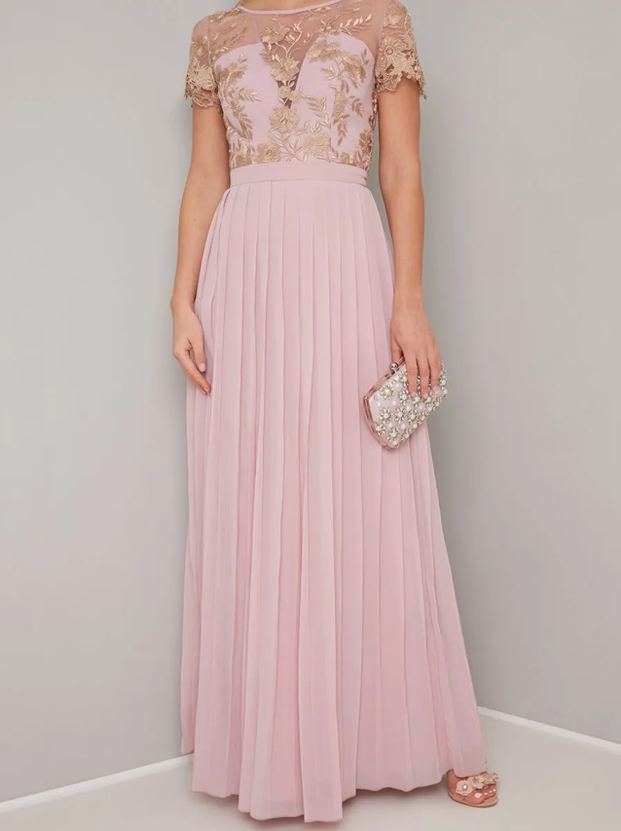Lace Embroidered Short Sleeved Pleat Maxi Dress in Pink sold by Chi Chi London product image thumbnail 4