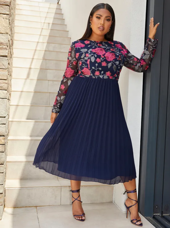 Plus Size Long Sleeve Floral Embroidered Midi Dress in Navy sold by Chi Chi London