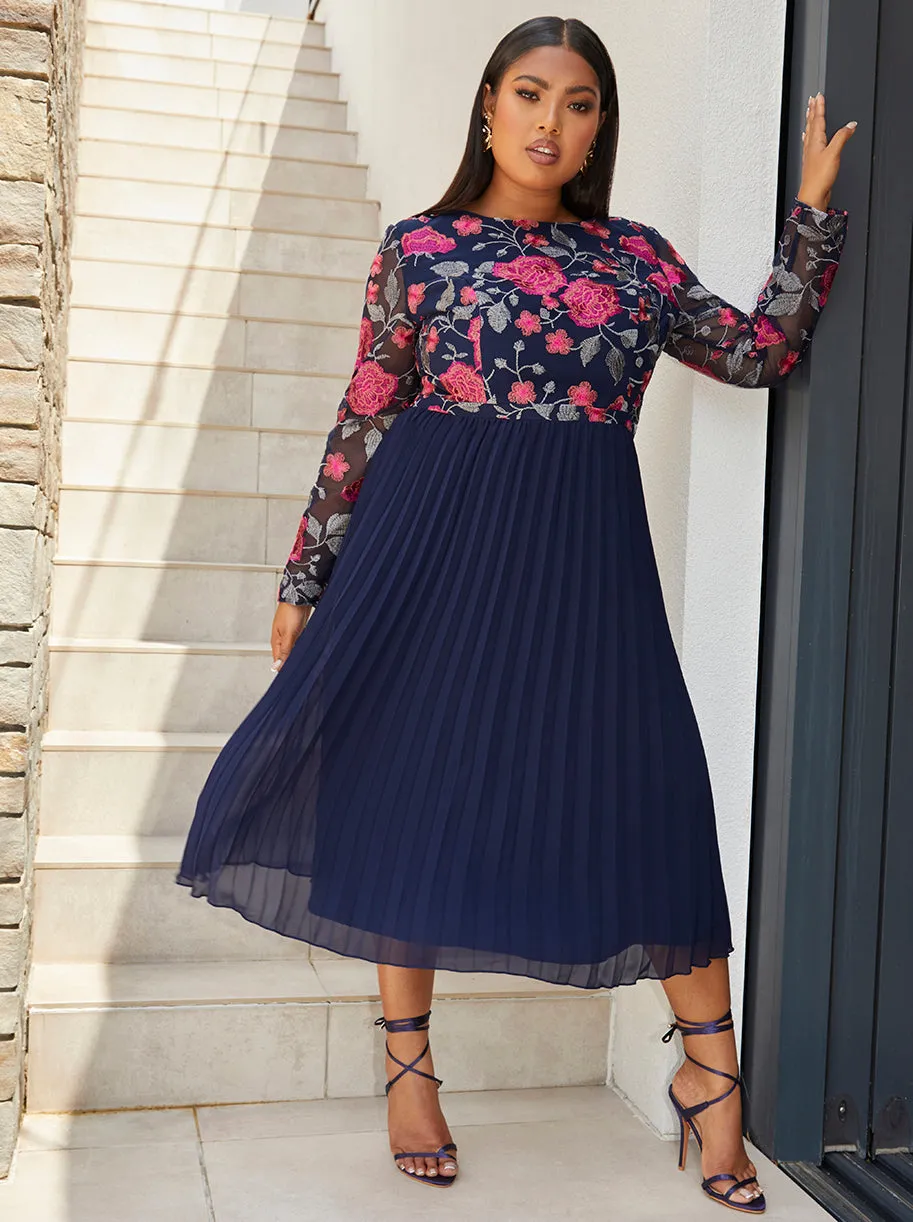 Plus Size Long Sleeve Floral Embroidered Midi Dress in Navy sold by Chi Chi London