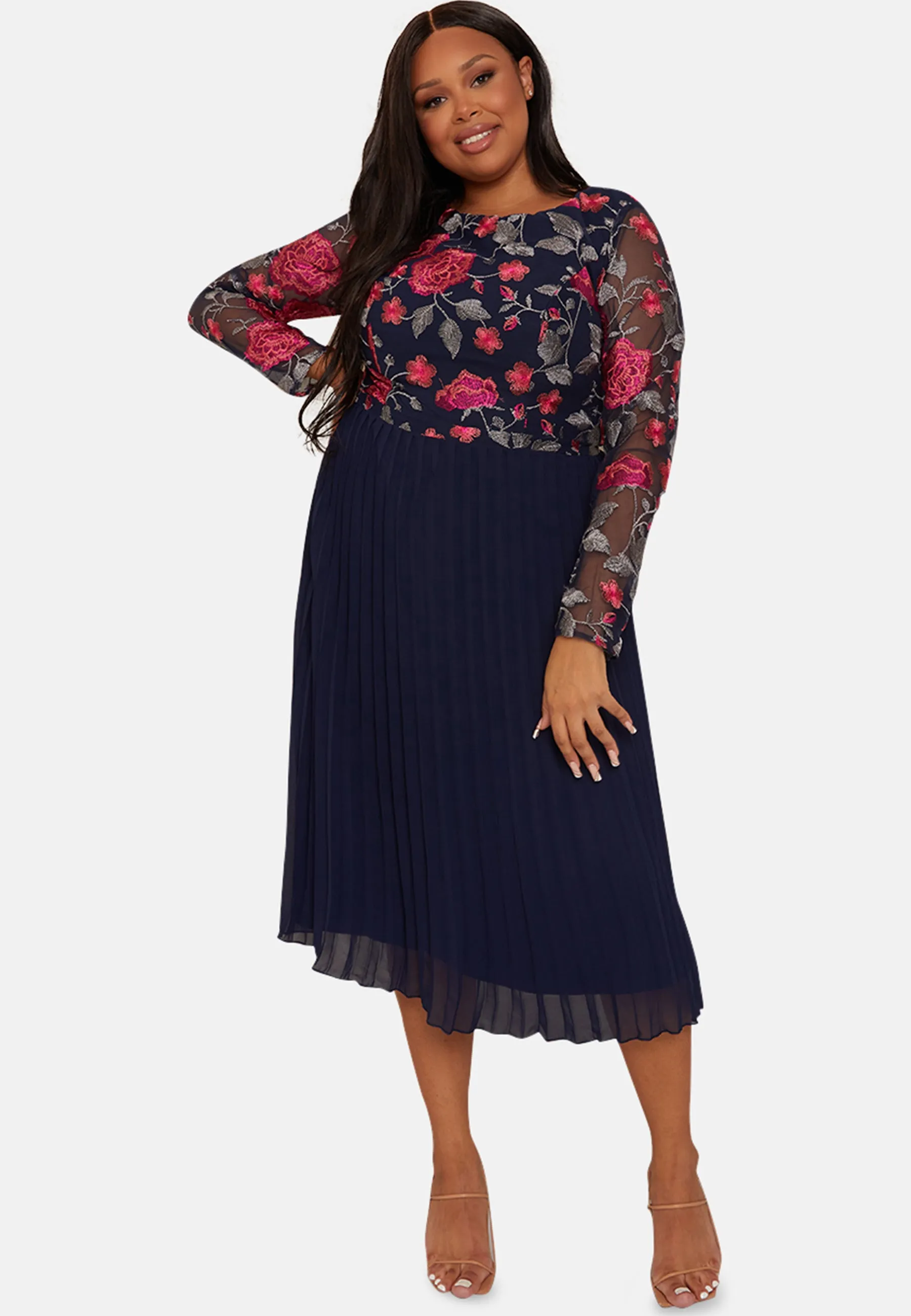 Plus Size Long Sleeve Floral Embroidered Midi Dress in Navy sold by Chi Chi London product image thumbnail 5