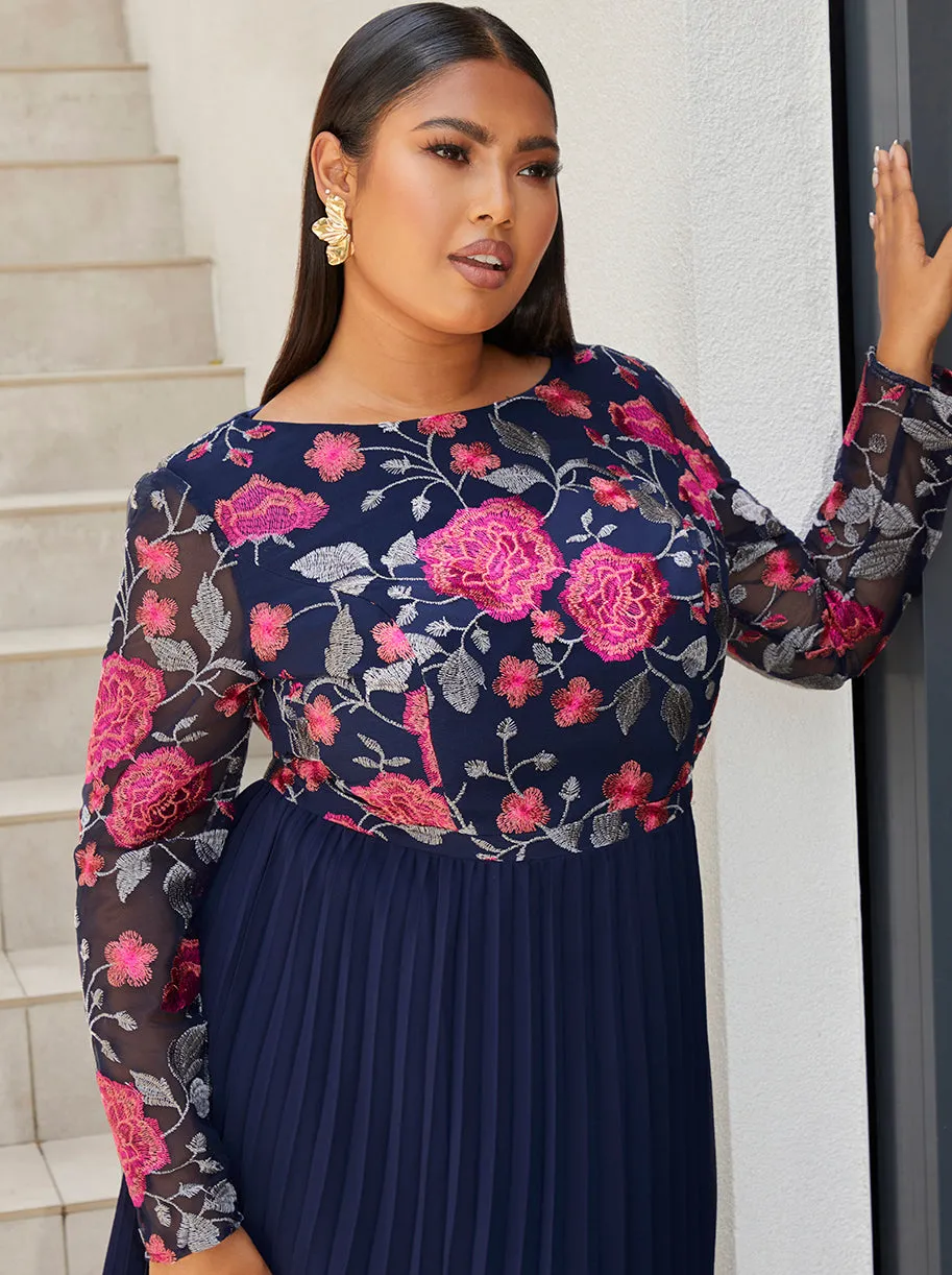 Plus Size Long Sleeve Floral Embroidered Midi Dress in Navy sold by Chi Chi London product image thumbnail 2