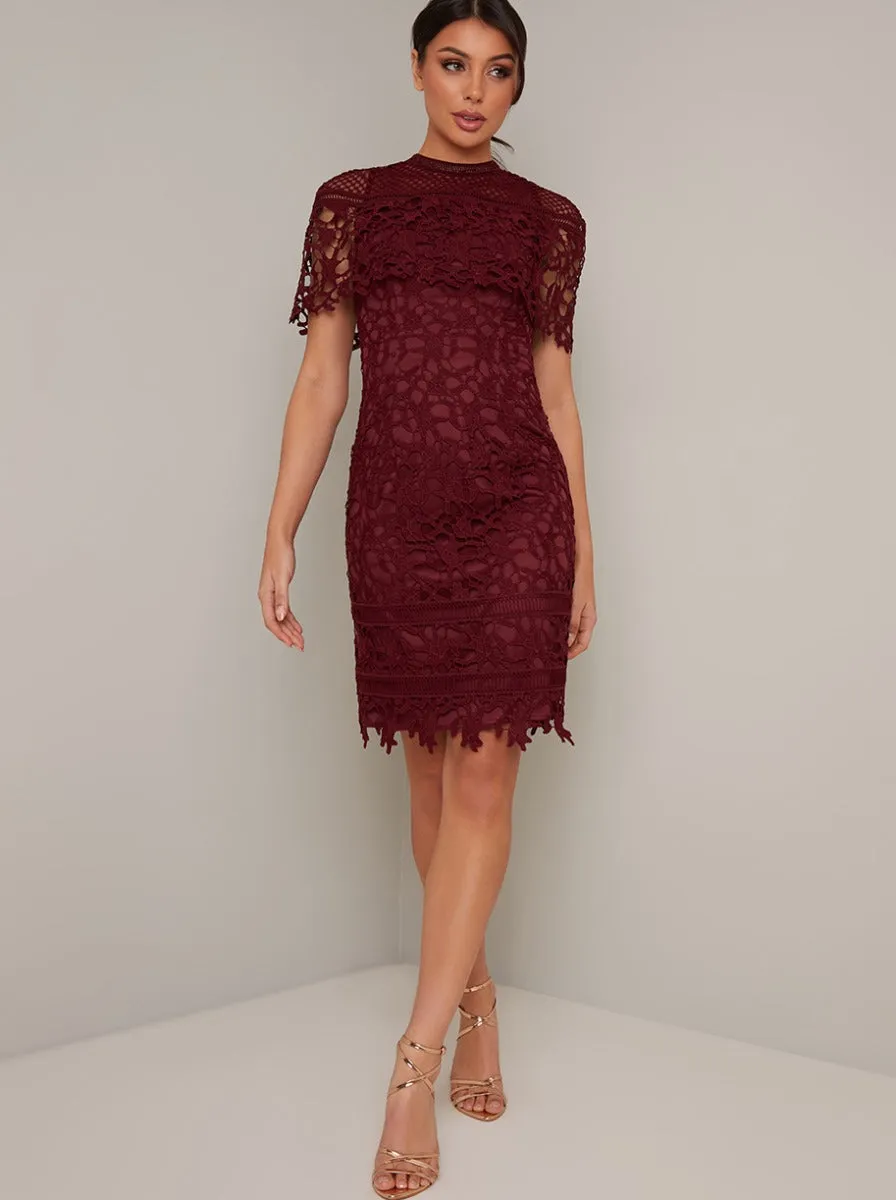 Tall High Neck Lace Crochet Bodycon Midi Dress in Red sold by Chi Chi London