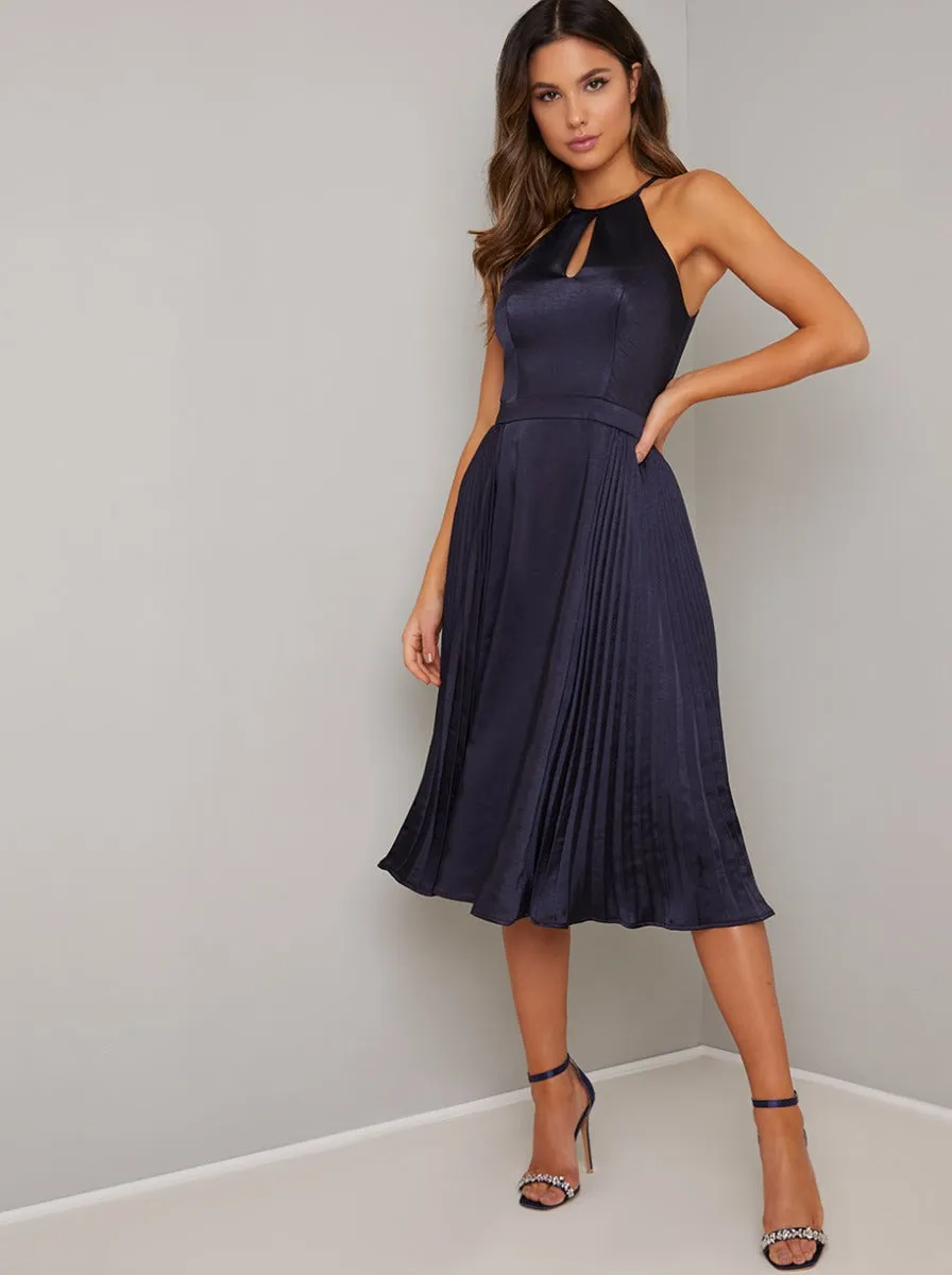 Halter Neck Cut Out Pleated Midi Dress in Blue sold by Chi Chi London