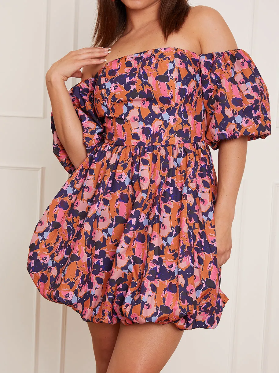 Petite Bardot Style Abstract Print Puff Ball Mini Dress in Blue sold by Chi Chi London product image thumbnail 5