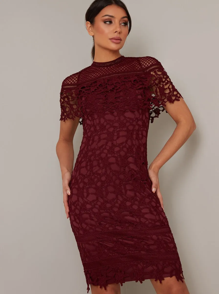 Tall High Neck Lace Crochet Bodycon Midi Dress in Red sold by Chi Chi London product image thumbnail 2