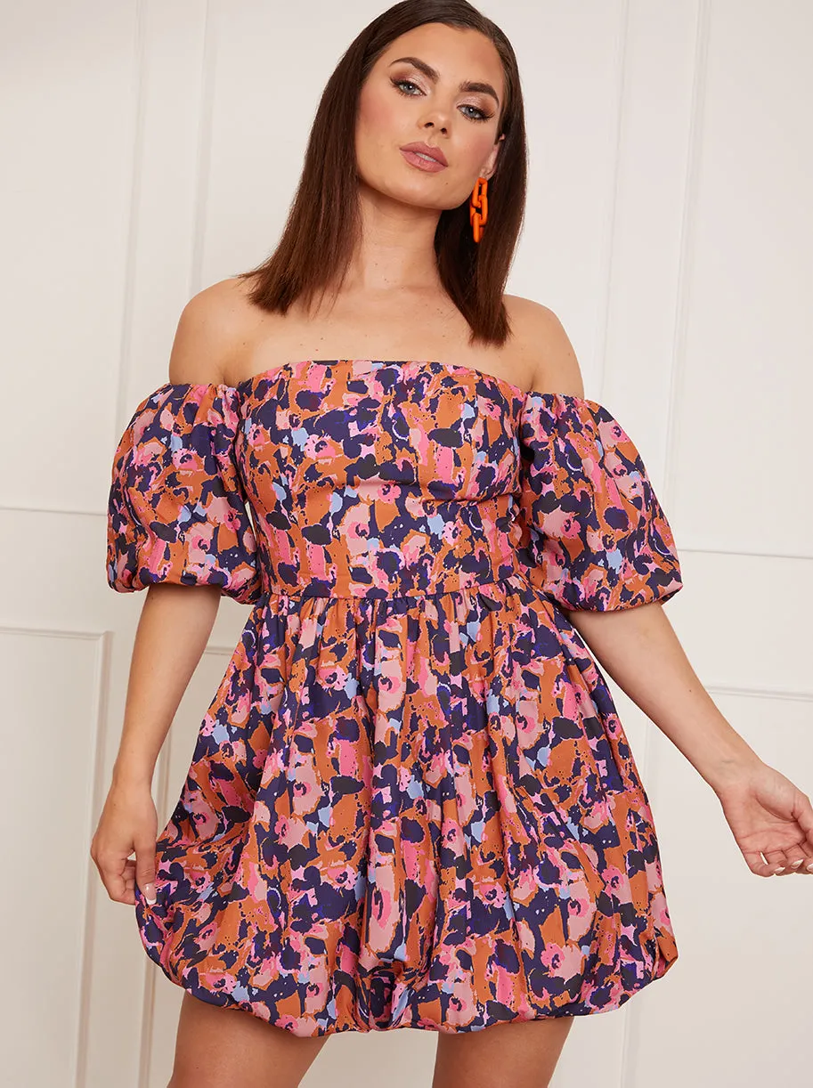 Petite Bardot Style Abstract Print Puff Ball Mini Dress in Blue sold by Chi Chi London product image thumbnail 3