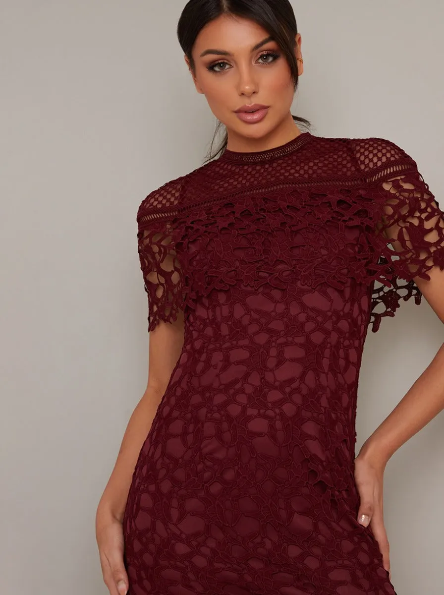 Tall High Neck Lace Crochet Bodycon Midi Dress in Red sold by Chi Chi London product image thumbnail 3