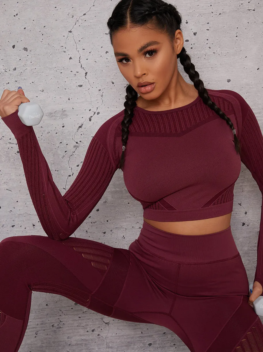 Long Sleeved Cropped Sports Top in Burgundy sold by Chi Chi London product image thumbnail 2