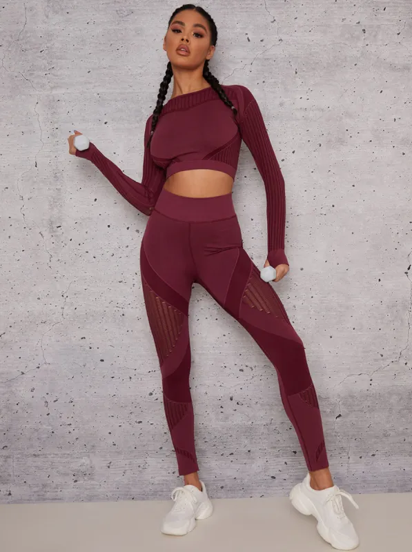 Long Sleeved Cropped Sports Top in Burgundy sold by Chi Chi London