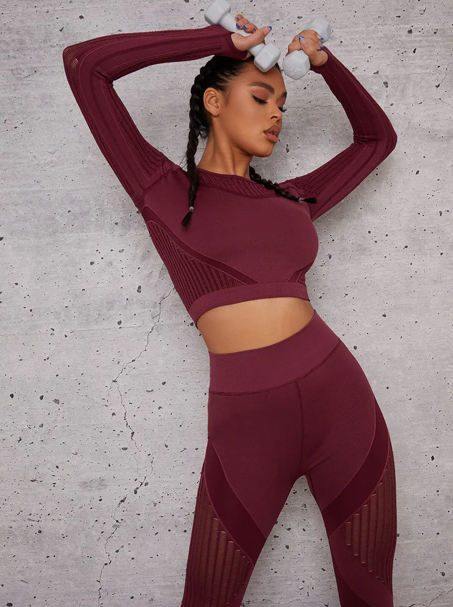 Long Sleeved Cropped Sports Top in Burgundy sold by Chi Chi London product image thumbnail 4