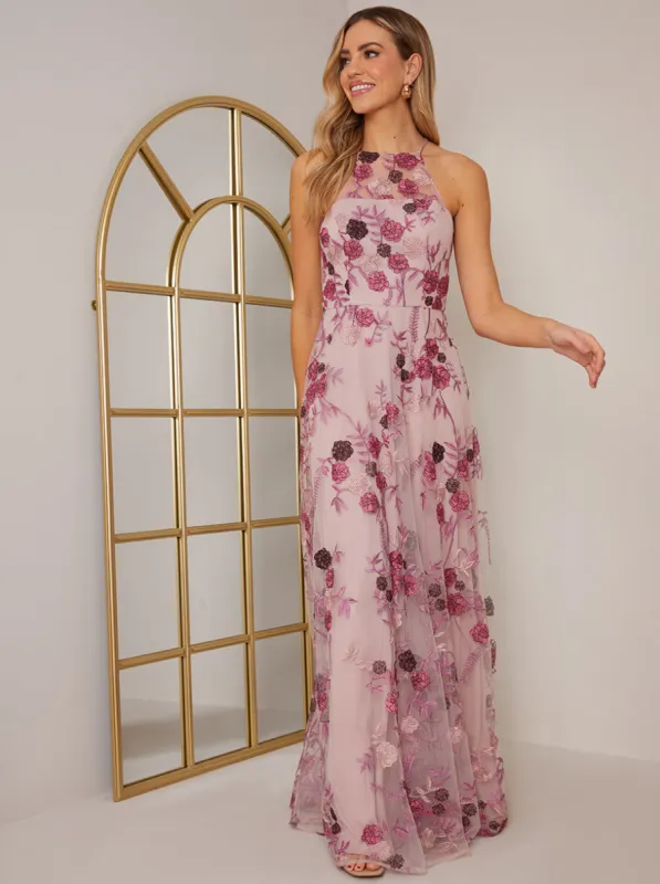 Sleeveless Embroidered Maxi Dress in Pink sold by Chi Chi London