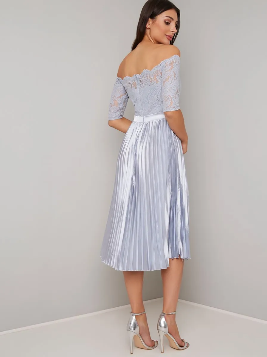 Lace Bardot Pleated Midi Dress In Blue sold by Chi Chi London product image thumbnail 4