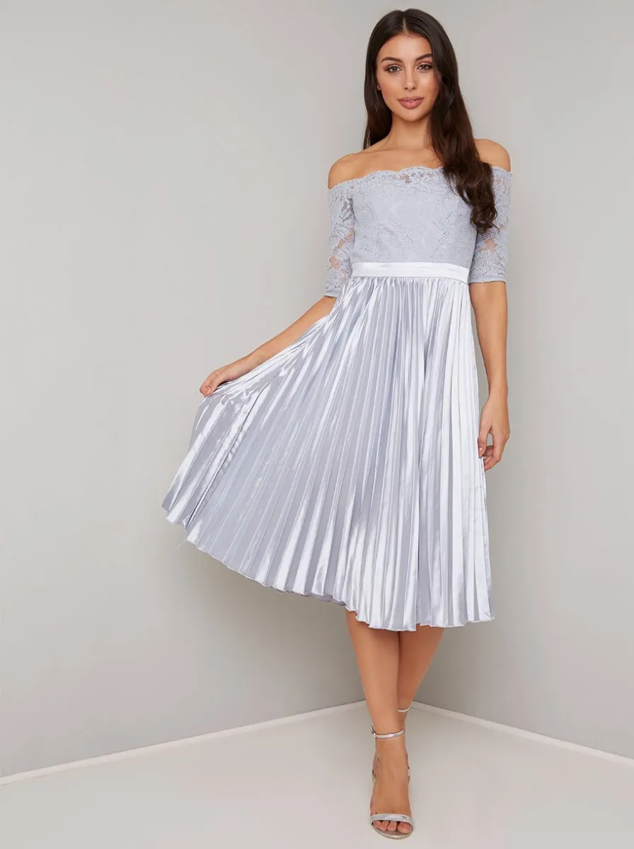 Lace Bardot Pleated Midi Dress In Blue sold by Chi Chi London