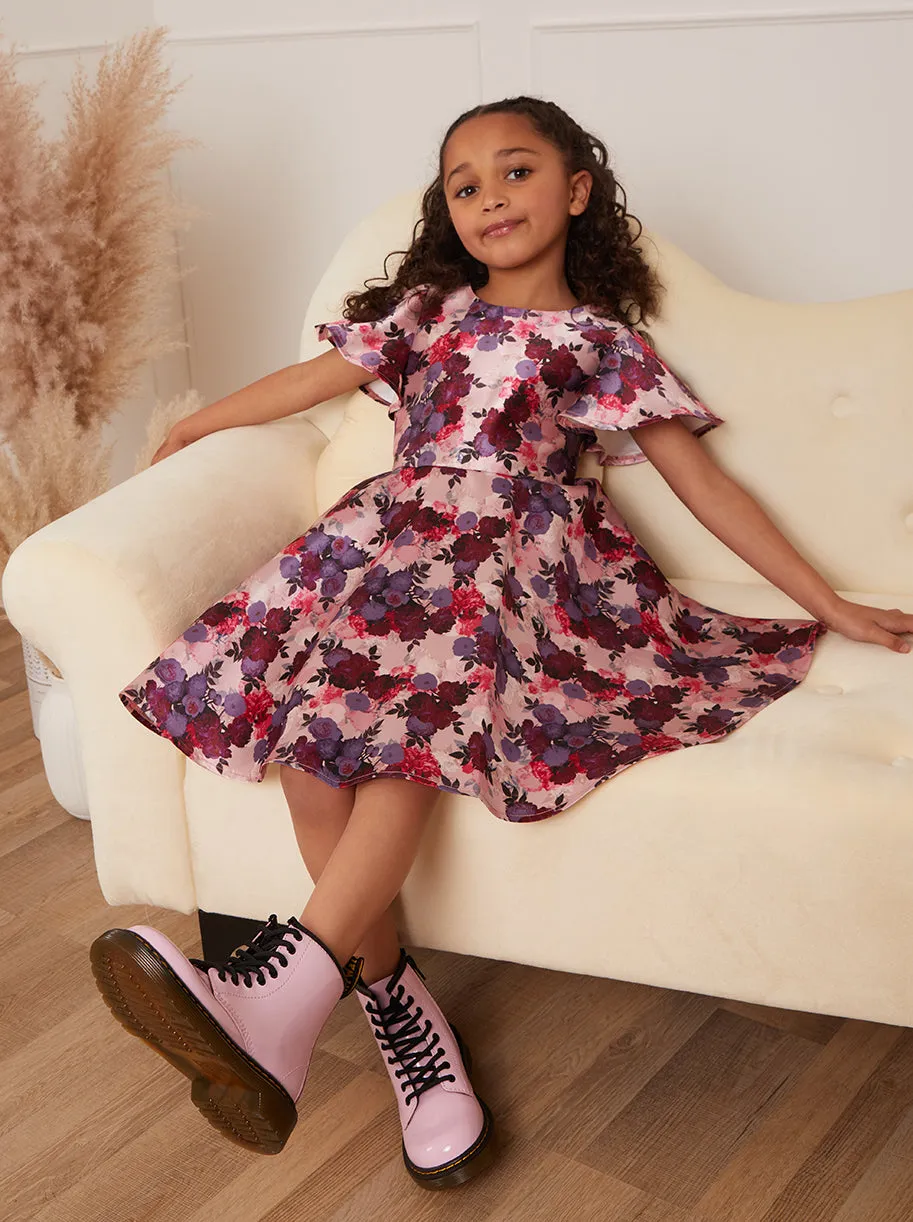 Younger Girls Flutter Sleeve Floral Midi Dress in Pink sold by Chi Chi London