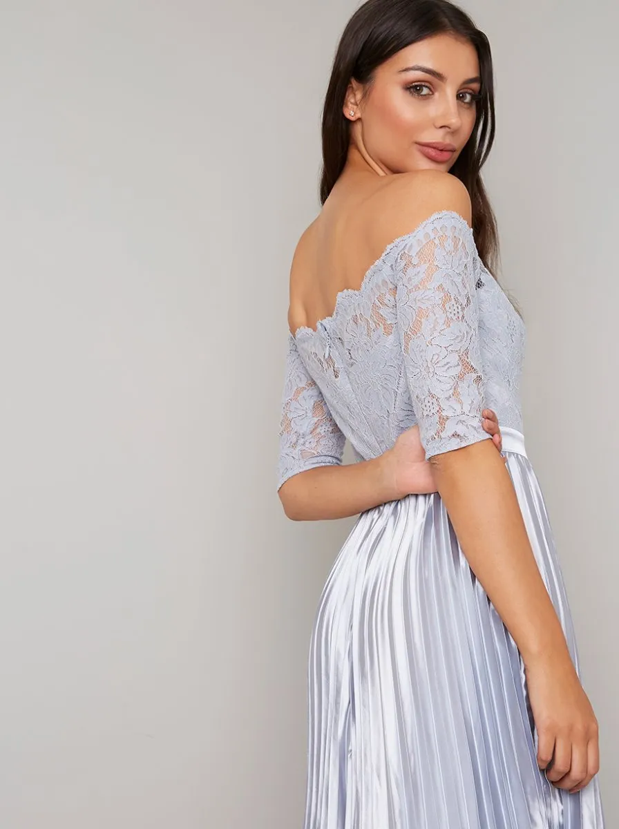 Lace Bardot Pleated Midi Dress In Blue sold by Chi Chi London product image thumbnail 3