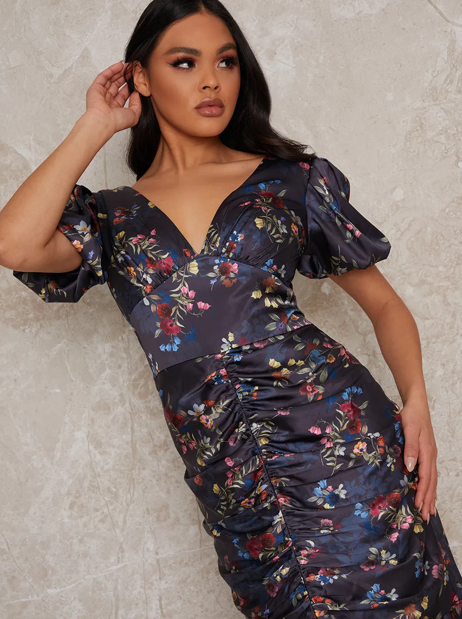 Satin Ruched Floral Midi Dress in Navy sold by Chi Chi London product image thumbnail 4