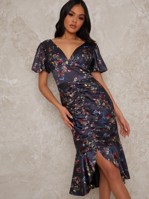 Satin Ruched Floral Midi Dress in Navy made by Chi Chi London
