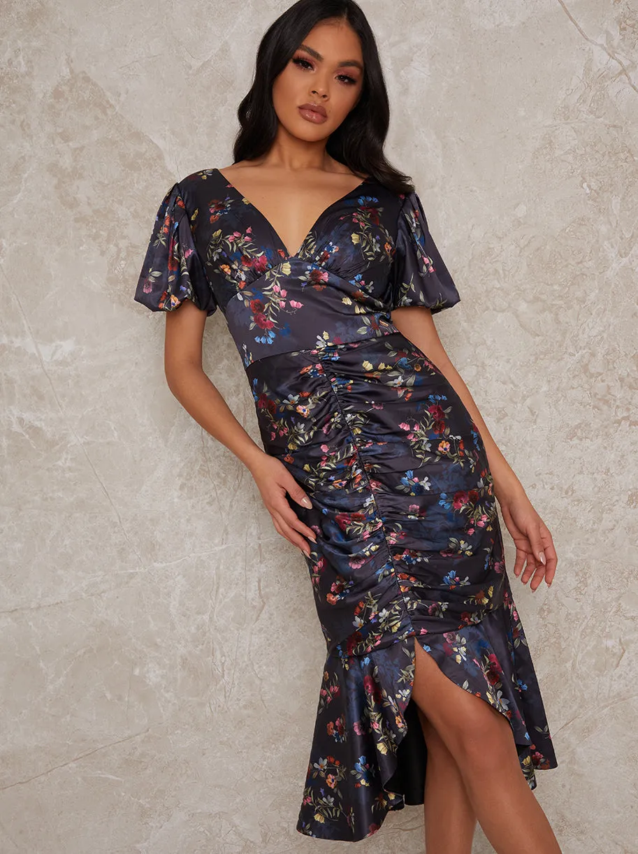 Satin Ruched Floral Midi Dress in Navy sold by Chi Chi London