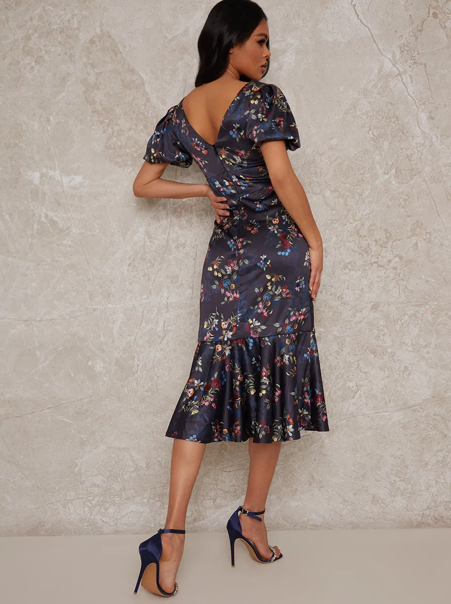 Satin Ruched Floral Midi Dress in Navy sold by Chi Chi London product image thumbnail 3